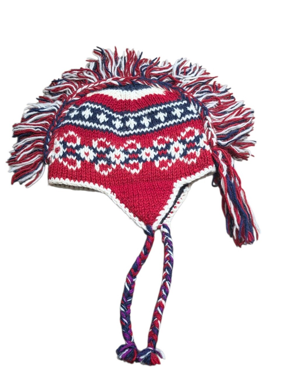 Red White Blue Hand Knit Wool Mohawk Beanie Fleece Lined One Size